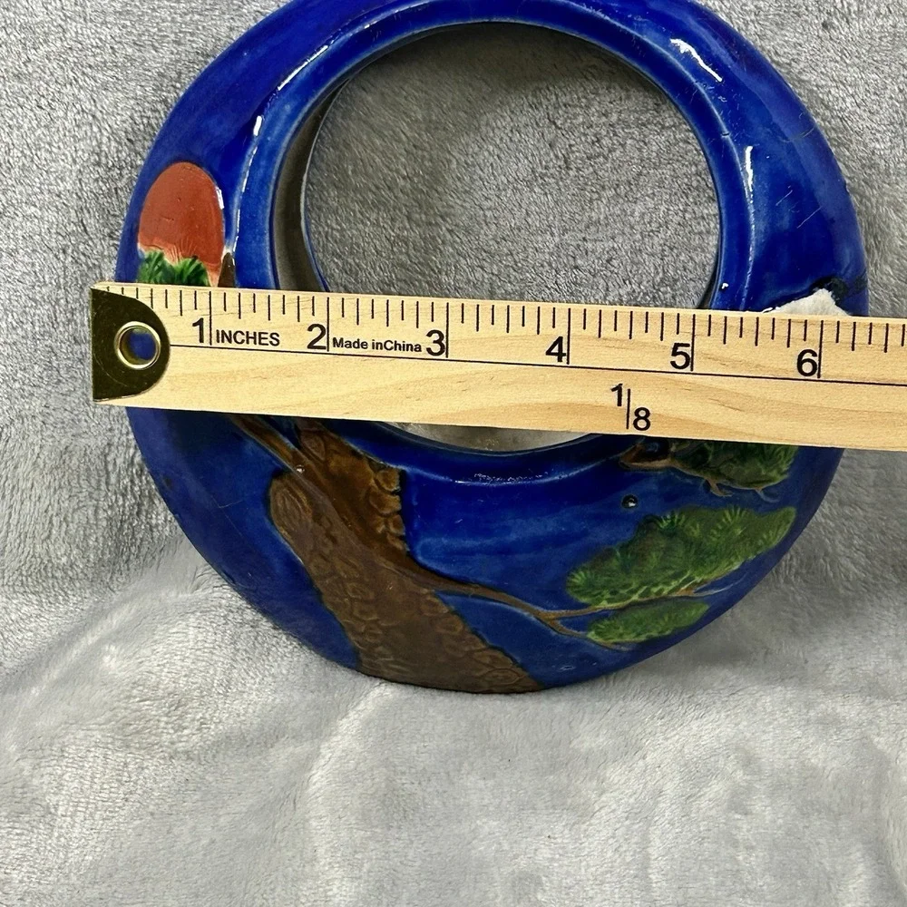 Vintage Japanese Banko Ware‎ Moon Vase Hanging Planter Crane Tree Motif